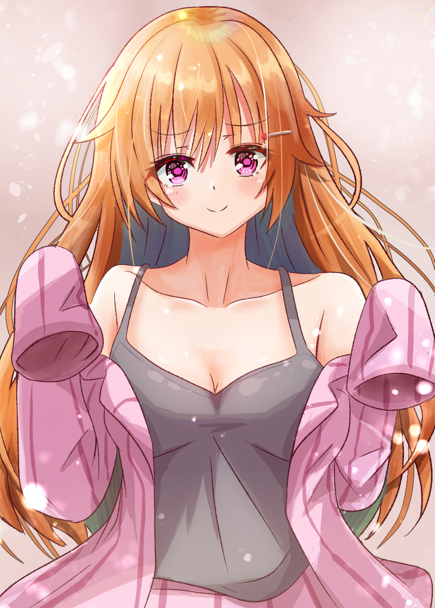 1girl, black_camisole, blush, breasts, camisole, cleavage, collarbone, highres, konoe_kanata, long_sleeves, love_live!, love_live!_nijigasaki_high_school_idol_club, noseru, off_shoulder, orange_hair, pajamas, pants, pink_eyes, pink_pants, pink_shirt, shirt, sleeves_past_fingers, sleeves_past_wrists, smile, solo, striped_clothes, striped_shirt