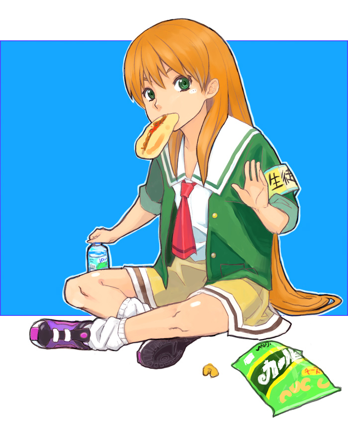1girl, akai_homura, eating, female_focus, food, green_eyes, green_shirt, hatimoto