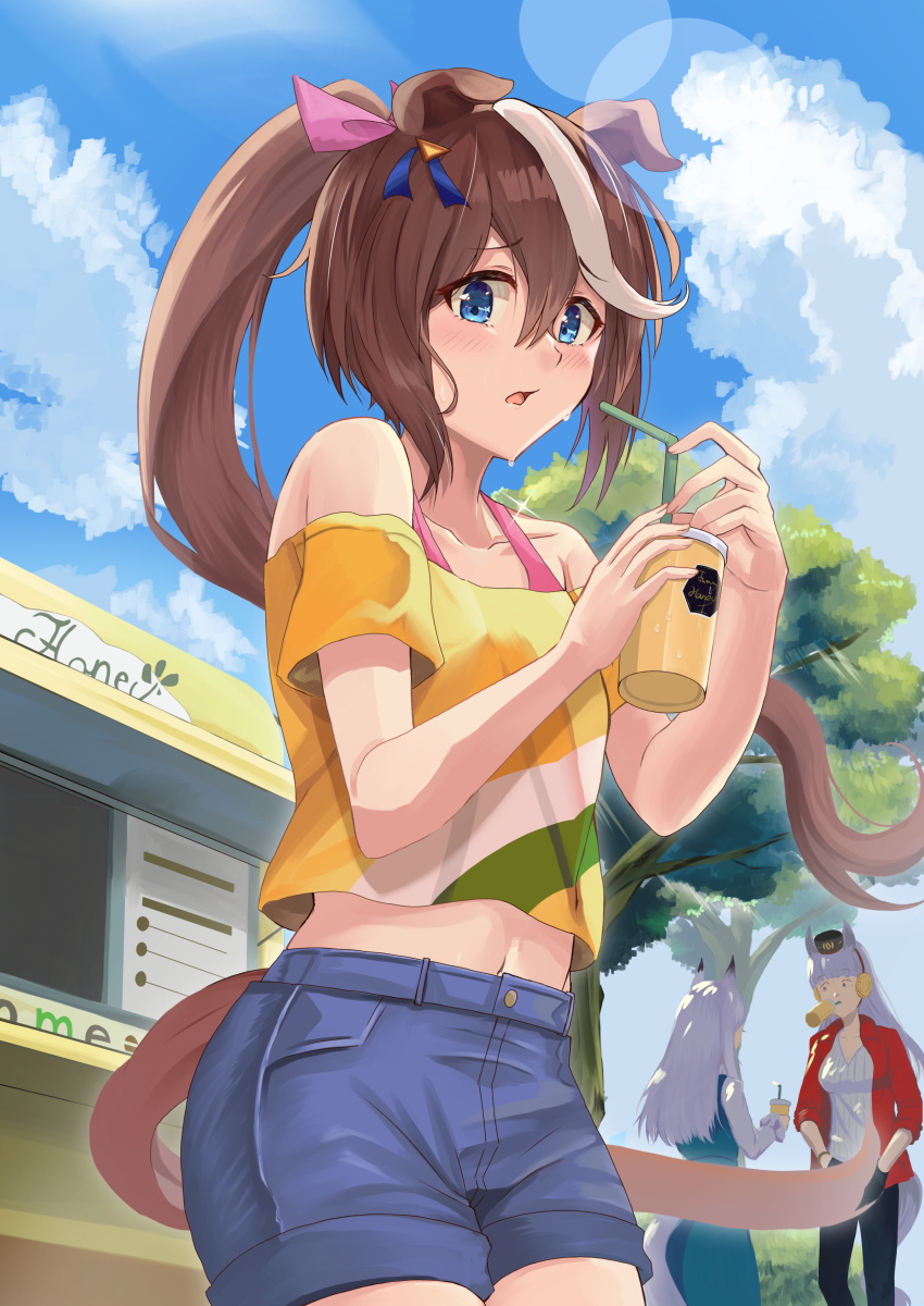 3girls, absurdres, bare_shoulders, black_pants, blue_dress, blue_eyes, blue_shorts, blue_sky