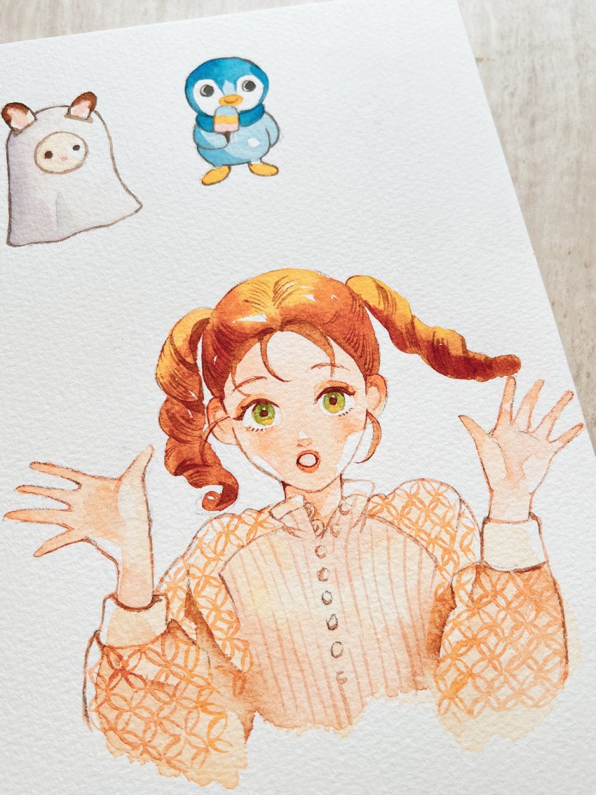 1girl, :o, absurdres, billie_(group), brown_hair, eyeshadow, food, fukutomi_tsuki, gen_4_pokemon, green_eyes, hair_behind_ear, highres, holding, holding_food, k-pop, makeup, nintendo, open_hands, orange_shirt, photo_(medium), pink_eyeshadow, piplup, pokemon, pokemon_(creature), popsicle_stick, real_life, shirt, twintails, wawatiku, white_background