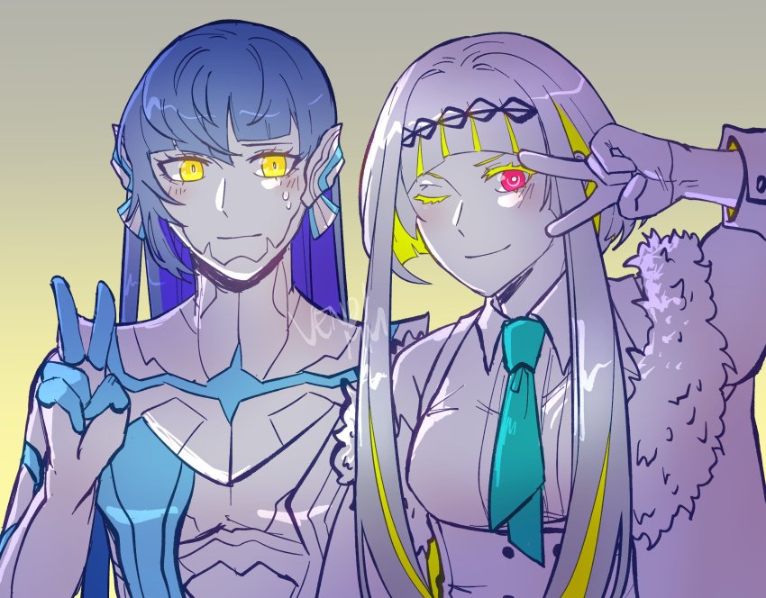 1boy, 1girl, androgynous, armor, blunt_bangs, blush, bodysuit, collared_shirt, crossover, devil_summoner:_soul_hackers, devil_summoner_(series), eyelashes, fur_trim, gloves, green_hair, highres, jacket, long_hair, looking_at_viewer, male_focus, one_eye_closed, protagonist_(aogami_nahobino)_(smtv), protagonist_(smtv), purple_hair, red_eyes, ringo_(soul_hackers_2), shin_megami_tensei, shin_megami_tensei_v, shirt, short_hair, short_hair_with_long_locks, simple_background, smile, soul_hackers_2, v, vendi_mm, very_long_hair, vest, yellow_eyes