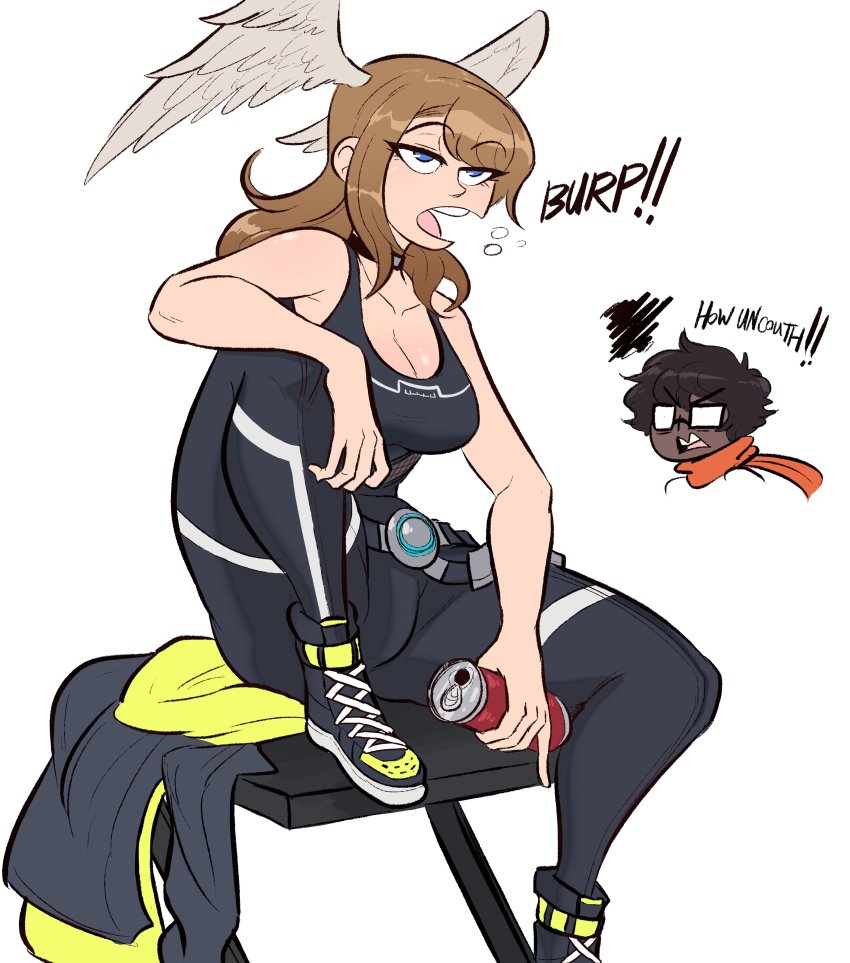 1boy, 1girl, absurdres, black_bodysuit, black_choker, blue_eyes, bodysuit, breast_tattoo, breasts, brown_eyes, brown_hair, burp, chait, choker, cleavage, dark-skinned_male, dark_skin, drink, english_text, eunie_(xenoblade), glasses, head_wings, highres, jacket, large_breasts, long_hair, looking_at_viewer, open_clothes, orange_scarf, scarf, scruffyturtles, taion_(xenoblade), tattoo, tomboy, white_jacket, white_wings, wings, xenoblade_chronicles_(series), xenoblade_chronicles_3