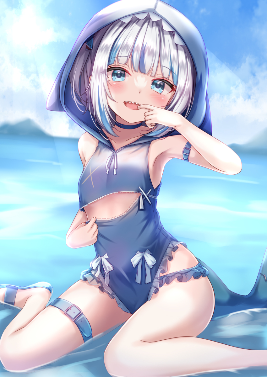 1girl, animal_hood, arm_strap, bare_arms, bare_legs, bikini, blue_bikini, blue_choker, blue_eyes, blue_hair, blush, choker, finger_in_own_mouth, fins, fish_tail, frilled_bikini, frills, gawr_gura, hair_ornament, highres, hololive, hololive_english, hood, hood_up, hooded_swimsuit, looking_at_viewer, multicolored_hair, one-piece_swimsuit, one_side_up, shark_hair_ornament, shark_hood, shark_tail, sharp_teeth, sitting, solo, streaked_hair, swimsuit, tail, teeth, thigh_strap, upper_teeth_only, virtual_youtuber, wariza, white_hair, yuano