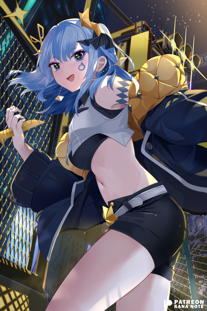 1girl, :d, alternate_hair_length, alternate_hairstyle, black_shorts, blue_eyes, blue_hair, breasts, chain-link_fence, crop_top, cropped_vest, earrings, facial_mark, fence, floating_hair, from_side, hair_ornament, hairclip, hololive, hoshimachi_suisei, jacket, jewelry, leaning_forward, medium_hair, midriff, mujinbensin, navel, night, off_shoulder, open_mouth, short_shorts, shorts, sky, small_breasts, smile, solo, sparkling_eyes, star_(symbol), star_hair_ornament, star_in_eye, stomach, symbol_in_eye, thighs, vest, virtual_youtuber, vocaloid, yuurei_tokyo_(vocaloid)