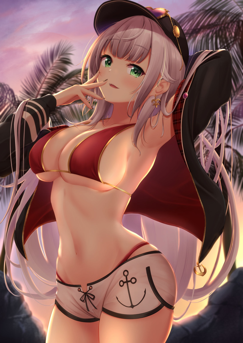 1girl, absurdres, anchor_print, arm_behind_head, arm_up, baseball_cap, bikini, bikini_under_clothes