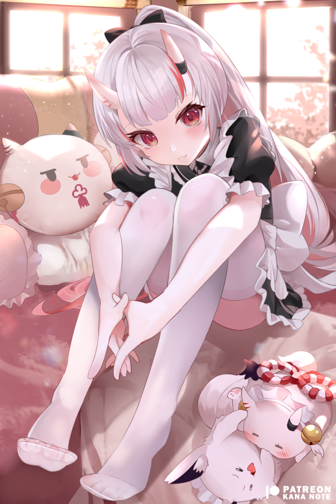 1girl, alternate_costume, animal, black_bow, blush, bow, character_pillow, colored_inner_hair, dress, enmaided, feet, frilled_dress, frills, fubuchun, hair_bow, hair_ribbon, hololive, horn_ornament, horn_ribbon, horns, indoors, interlocked_fingers, knees_to_chest, leaning_forward, long_hair, looking_at_viewer, maid, mujinbensin, multicolored_hair, nakiri_ayame, no_shoes, ponytail, poyoyo_(nakiri_ayame), red_eyes, red_hair, ribbon, see-through_clothes, see-through_legwear, short_sleeves, sitting, skin-covered_horns, smile, solo, streaked_hair, thighhighs, thighs, toes, virtual_youtuber, white_hair, white_thighhighs, window