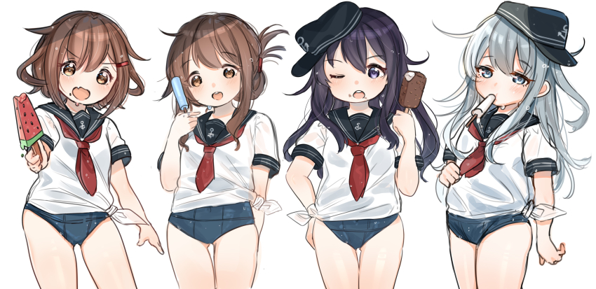 4girls, akatsuki_(kancolle), anchor_symbol, black_sailor_collar, blue_eyes, blue_hair, blue_one-piece_swimsuit, blush, brown_eyes, brown_hair, eating, female_focus, flat_cap, folded_ponytail, food, food_in_mouth, hair_between_eyes, hair_ornament, hairclip, hat, hibiki_(kancolle), highres, holding, holding_food, ice_cream, ice_cream_bar, ikazuchi_(kancolle), inazuma_(kancolle), kantai_collection, kaomoji_(sagor00237), light_blue_hair, loli, long_hair, looking_at_viewer, melting, messy_hair, multiple_girls, neckerchief, old_school_swimsuit, one-piece_swimsuit, popsicle, purple_eyes, purple_hair, red_neckerchief, sailor_collar, school_swimsuit, school_uniform, serafuku, short_hair, simple_background, smile, swimsuit, swimsuit_under_clothes, watermelon_bar, white_hair