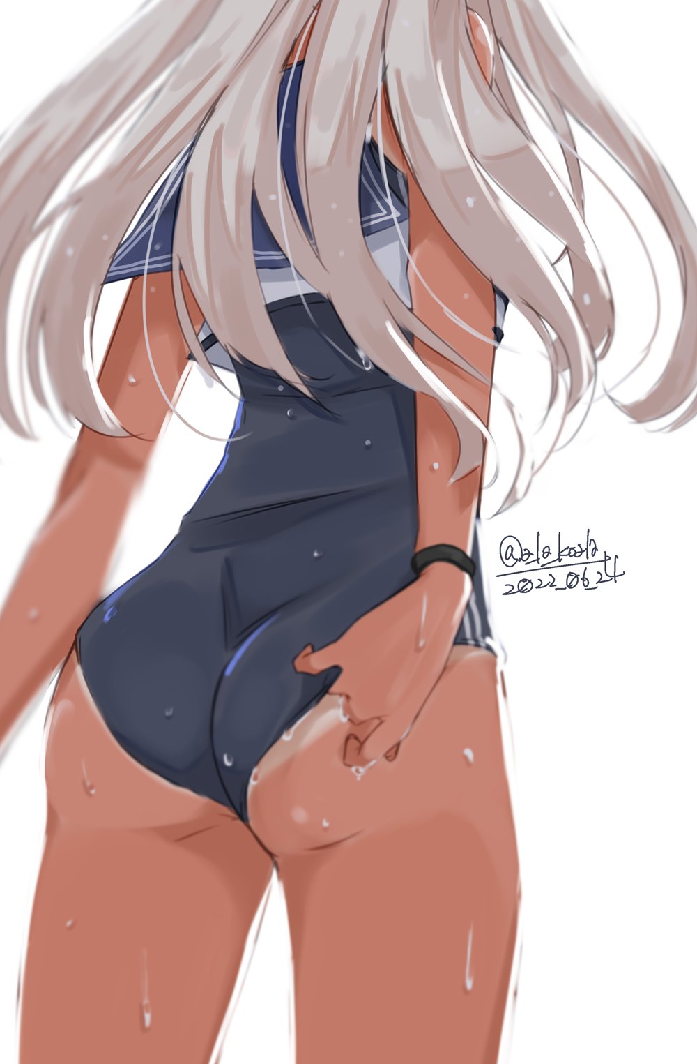 1girl, adjusting_clothes, adjusting_swimsuit, alakoala, ass, back, blonde_hair, blue_one-piece_swimsuit, bracelet, crop_top, dated, flower, hair_flower, hair_ornament, highres, jewelry, kantai_collection, long_hair, old_school_swimsuit, one-piece_swimsuit, one-piece_tan, ro-500_(kancolle), sailor_collar, school_swimsuit, school_uniform, serafuku, signature, swimsuit, swimsuit_under_clothes, tan, tanline, twitter_username