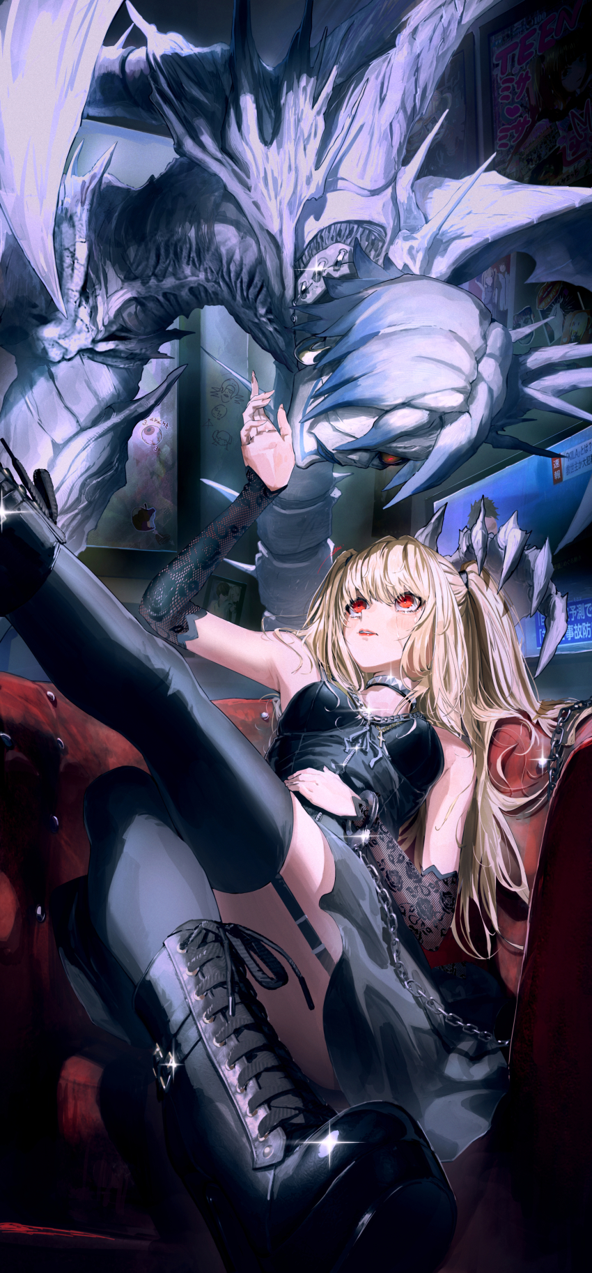 2girls, absurdres, amane_misa, bare_shoulders, black_choker, black_dress, blonde_hair, boots, bound, bound_wrists, breasts, chain, choker, crying, crying_with_eyes_open, cuffs, death_note, detached_sleeves, dress, eyeliner, gothic_lolita, handcuffs, highres, lipstick, lolita_fashion, long_hair, looking_at_another, makeup, medium_breasts, multiple_girls, ossan_zabi_190, parted_lips, red_eyes, red_lips, rem_(death_note), shinigami, sitting, streaming_tears, tears, thighhighs, twintails, zabi_masurao, zettai_ryouiki
