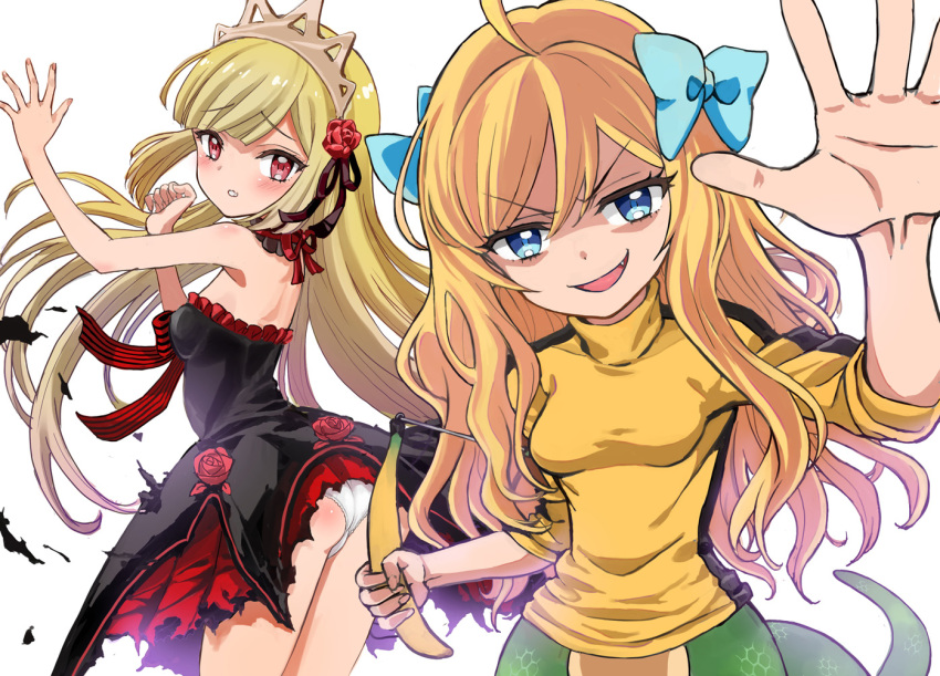2girls, ahoge, ass, banana, bare_shoulders, beatrix_kiddo, beatrix_kiddo_(cosplay), blonde_hair