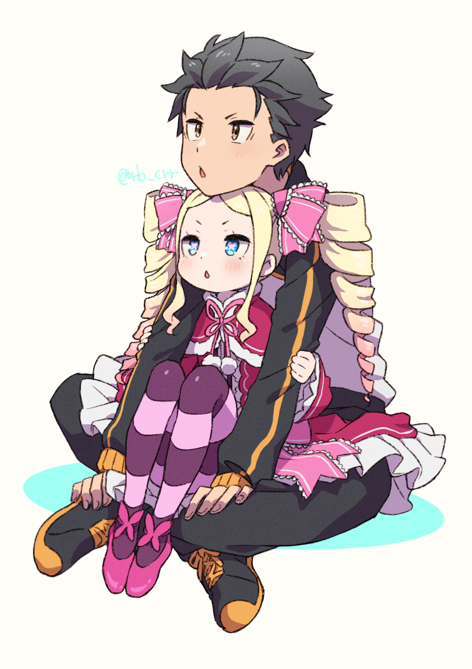 1boy, 1girl, beatrice_(re:zero), black_hair, blonde_hair, blue_eyes, brown_eyes, butterfly-shaped_pupils