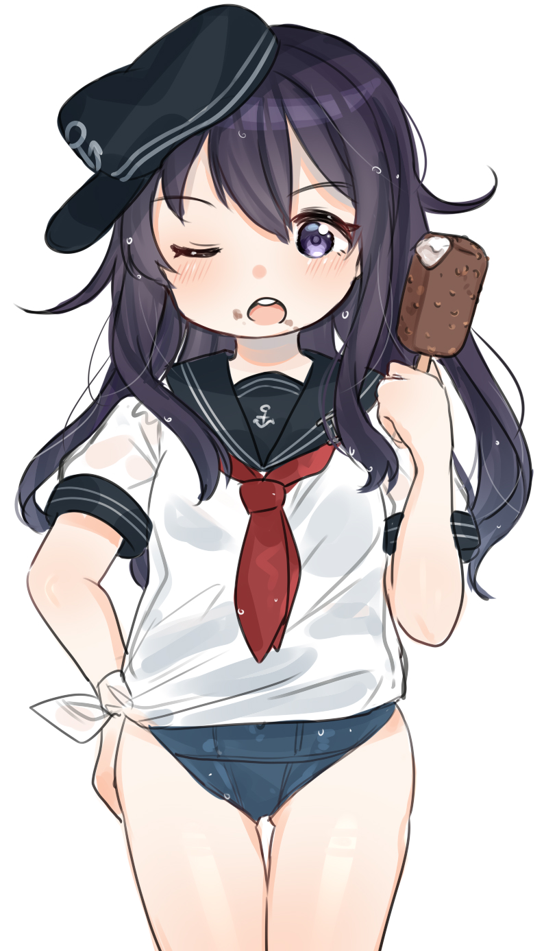 1girl, akatsuki_(kancolle), anchor_symbol, black_sailor_collar, blue_one-piece_swimsuit, breasts, chocolate, cowboy_shot, flat_cap, food, food_in_mouth, hair_between_eyes, hand_on_own_hip, hat, highres, ice_cream, kantai_collection, kaomoji_(sagor00237), long_hair, looking_at_viewer, messy_hair, neckerchief, old_school_swimsuit, one-piece_swimsuit, open_mouth, popsicle, purple_hair, red_neckerchief, sailor_collar, school_swimsuit, school_uniform, serafuku, short_sleeves, simple_background, small_breasts, swimsuit, swimsuit_under_clothes, white_background