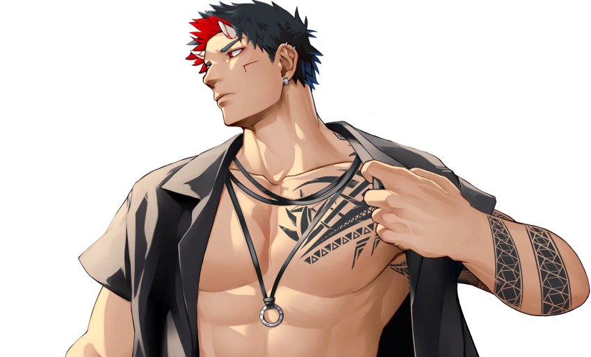 1boy, arm_tattoo, bare_pectorals, black_hair, black_shirt, blue_hair, chest_tattoo, closed_mouth