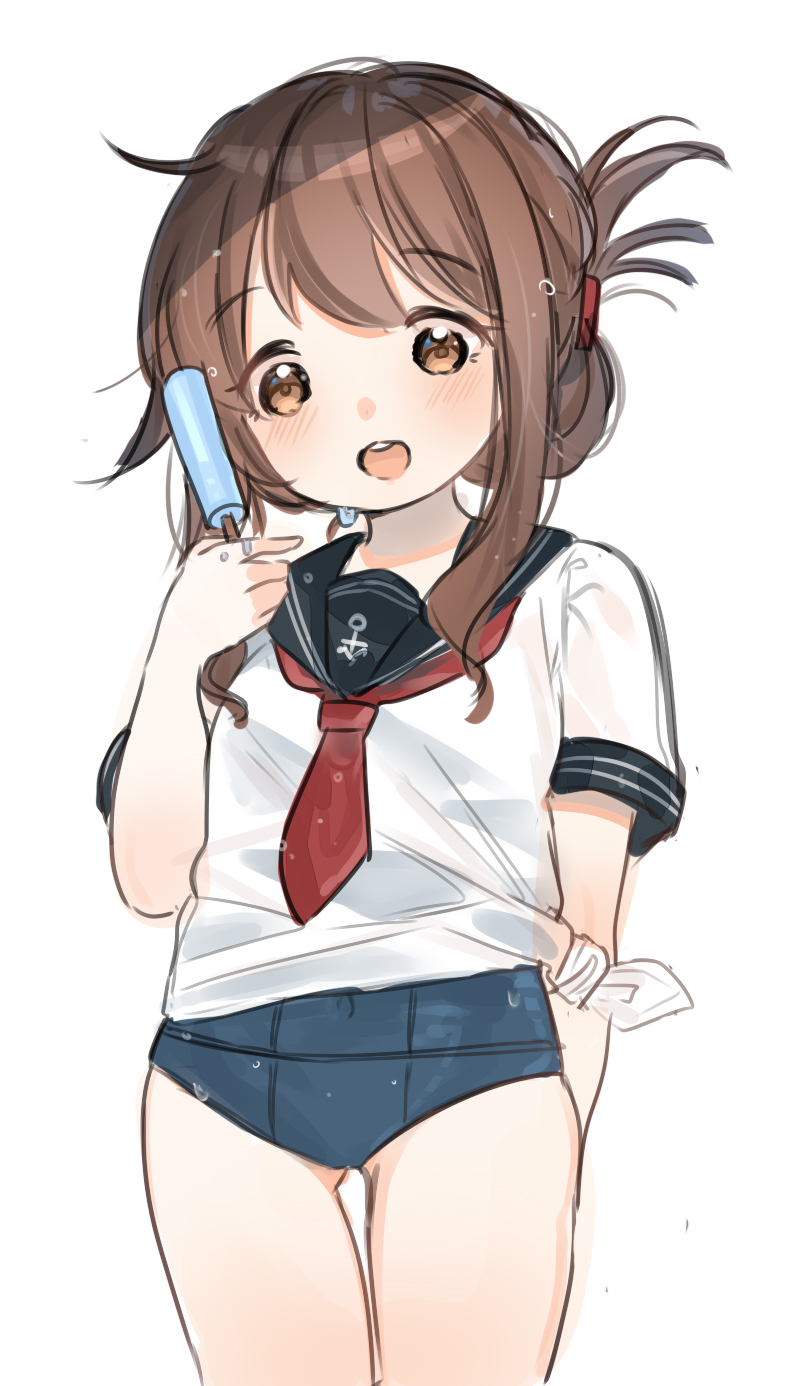 1girl, anchor_symbol, arms_behind_back, blue_one-piece_swimsuit, breasts, brown_eyes, brown_hair, cowboy_shot