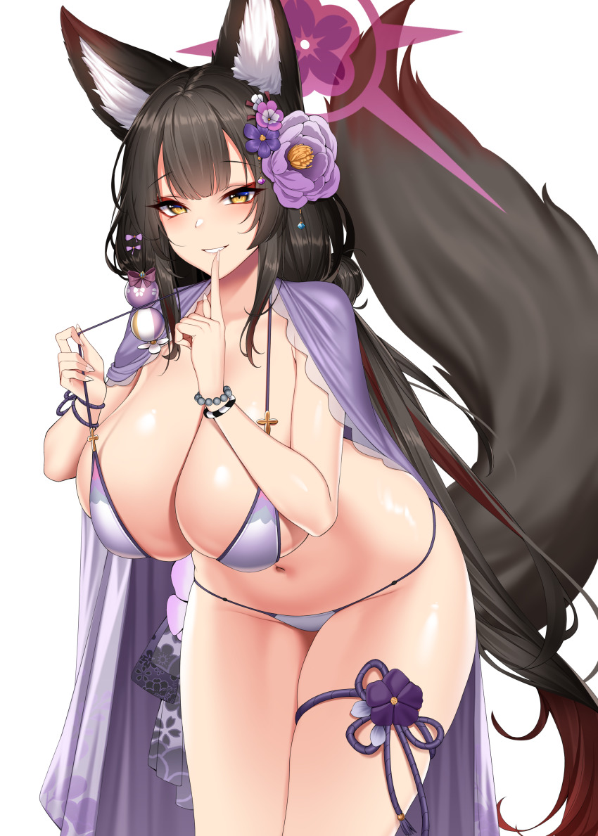 1girl, absurdres, animal_ear_fluff, animal_ears, bangle, bead_band, bikini, bikini_tug, black_hair, black_tail, blue_archive, bracelet, breasts, chixiao, cleavage, cowboy_shot, finger_to_mouth, flower, flower_knot, fox_ears, fox_girl, fox_tail, grin, groin, hair_flower, hair_ornament, halo, halterneck, highres, huge_breasts, jewelry, leaning_forward, legs_together, long_hair, multicolored_hair, open_clothes, orange_eyes, purple_flower, red_hair, shushing, simple_background, skindentation, smile, solo, standing, streaked_hair, string_bikini, swimsuit, tail, teeth, thick_thighs, thigh_strap, thighs, very_long_hair, wakamo_(blue_archive), wakamo_(swimsuit)_(blue_archive), white_background, white_bikini