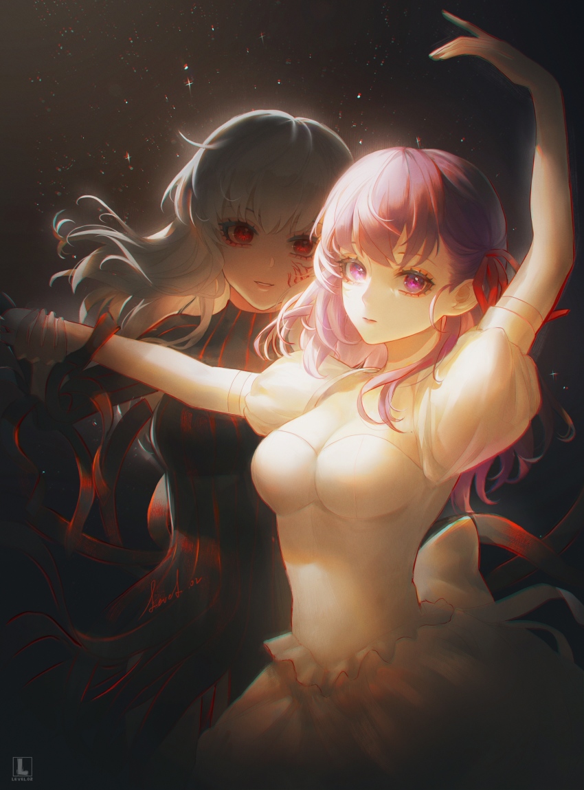 2girls, absurdres, black_background, black_dress, breasts, cleavage, closed_mouth, dancing, dark_persona, dress, elbow_gloves, facial_mark, fate/stay_night, fate_(series), gloves, hair_ribbon, highres, level02, long_hair, matou_sakura, medium_breasts, multiple_girls, parted_lips, purple_eyes, purple_hair, red_eyes, red_ribbon, ribbon, standing, white_dress, white_gloves