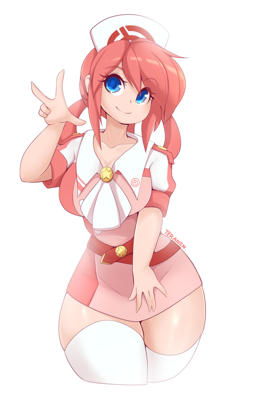 1girl, absurdres, artist_name, ascot, belt, blue_eyes, breasts, closed_mouth, collarbone, collared_dress, cowboy_shot, cropped_legs, dress, female_focus, hair_rings, hand_up, happy, hat, head_tilt, highres, long_hair, looking_at_viewer, medium_breasts, nintendo, nurse, nurse_cap, pink_dress, pink_hair, pink_theme, pokemon, pokemon_masters_ex, shiny_skin, short_dress, short_sleeves, sidelocks, signature, simple_background, smile, solo, split_mouth, standing, star_(symbol), teranen, thick_thighs, thighhighs, thighs, trista_(pokemon), w, white_ascot, white_background, white_hat, white_thighhighs, zettai_ryouiki