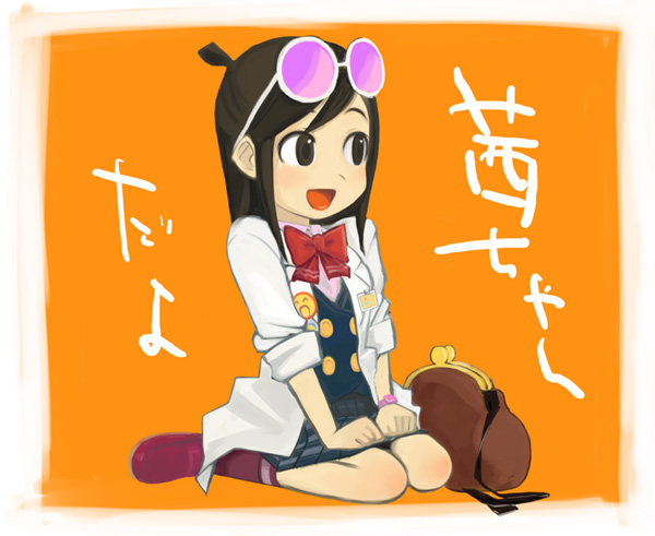 1girl, ace_attorney, brown_eyes, brown_hair, capcom, chibi, ema_skye, eyewear_on_head, female_focus, glasses, half_updo, hatimoto, lab_coat, orange_background, sitting, sleeves_rolled_up, solo, translated, wariza