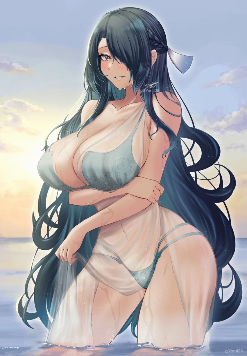 1girl, aqua_bikini, aqua_bra, aqua_panties, azuma_fubuki, bare_shoulders, bikini, black_hair