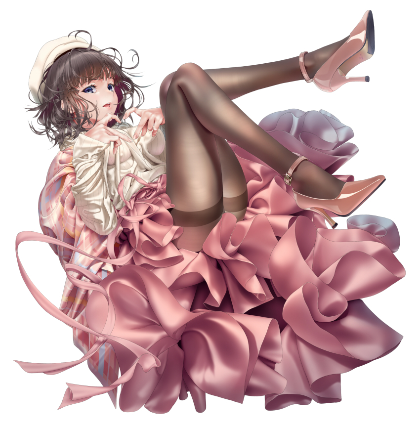 1girl, blue_eyes, blunt_bangs, breasts, brown_hair, doatobira, dress, frills, full_body, hat, heart, heart_hands, high_heels, highres, legs, looking_at_viewer, medium_hair, mole, mole_on_neck, nijisanji, open_mouth, pantyhose, simple_background, solo, suzuka_utako, suzuka_utako_(8th_costume), sweater, virtual_youtuber, white_background