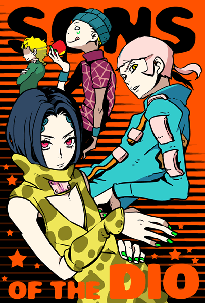 4boys, animal_print, apple, beanie, black_hair, blonde_hair, brothers, cleavage_cutout