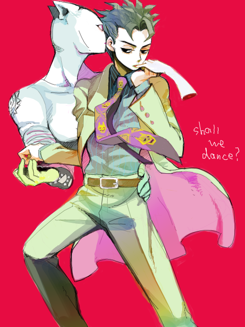 1boy, belt, black_eyes, english_text, formal_clothes, green_hair, jojo_no_kimyou_na_bouken, katori