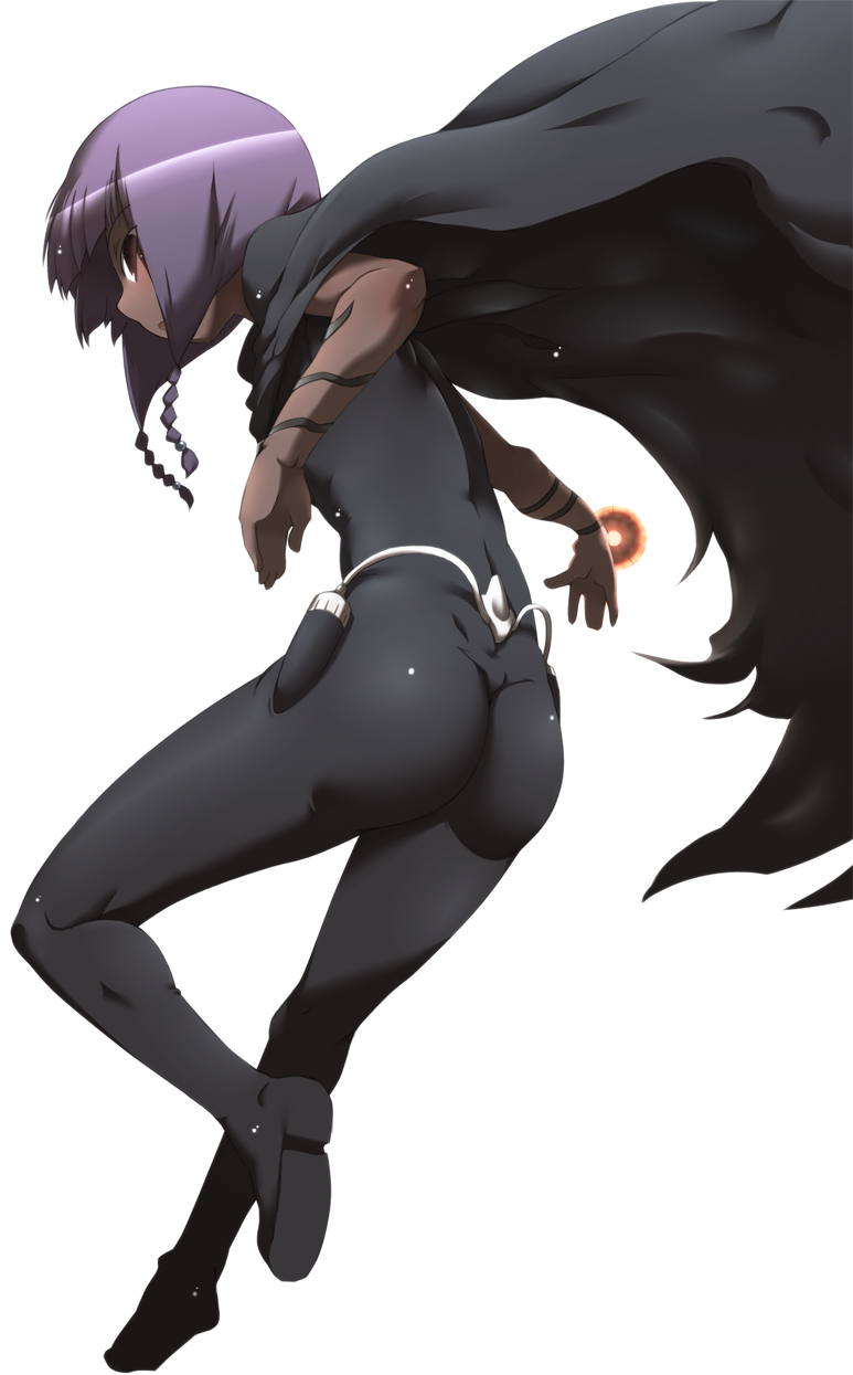 00s, 1boy, ass, bodysuit, braid, cape, highres, latex, male_focus, noein, purple_hair, skin_tight, solo, tobi_(noein), tokyo_(great_akuta), trap