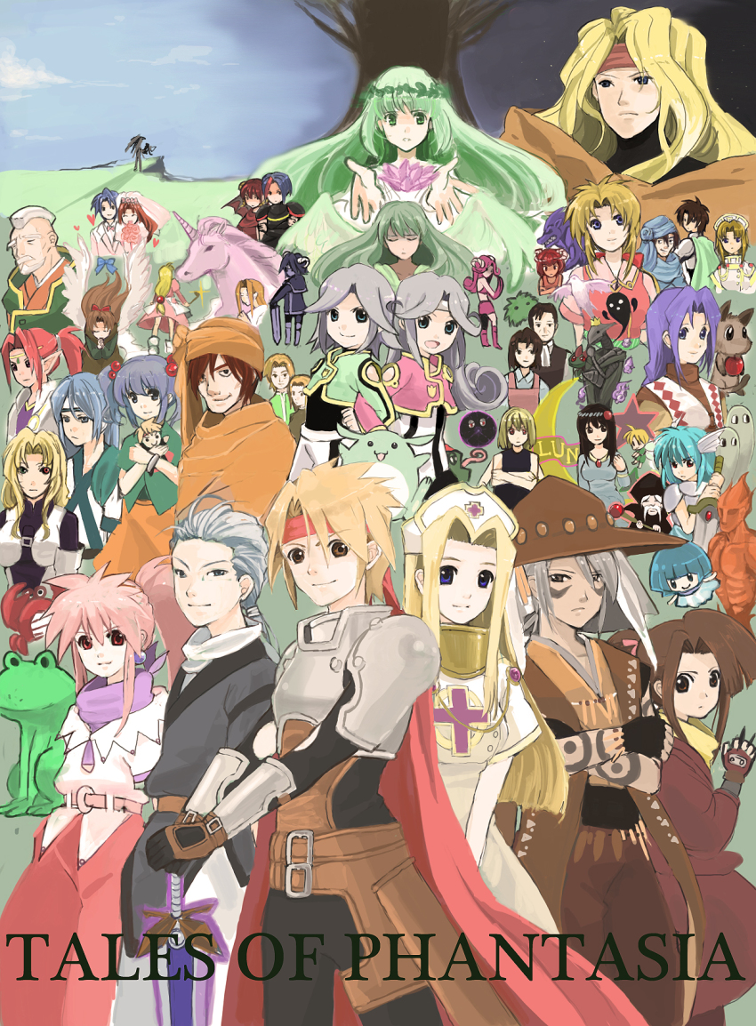arche_klein, chester_burklight, claus_f._lester, crab, cress_albane, dhaos, dio_(tales), everyone, fairy, frog, fujibayashi_suzu, highres, martel_(tales), mel_(tales), mint_adenade, norn_(tales), tales_of_(series), tales_of_phantasia, unicorn, wings