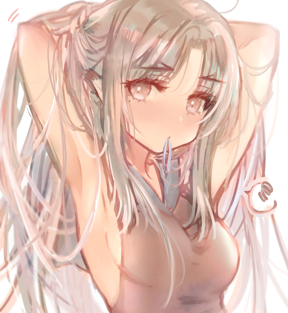 1girl, aged_up, aquaplus, arms_behind_head, arms_up, blush, breasts, cait_sith_(utawarerumono:_lost_flag), cleavage, eyebrows_hidden_by_hair, hair_down, long_hair, looking_at_viewer, medium_breasts, mole, mole_under_eye, nekone_(utawarerumono), pointy_ears, red_eyes, sideboob, sidelocks, sleeveless, solo, taut_clothes, upper_body, utawarerumono, utawarerumono:_itsuwari_no_kamen, utawarerumono:_lost_flag, very_long_hair, yami_nabe23