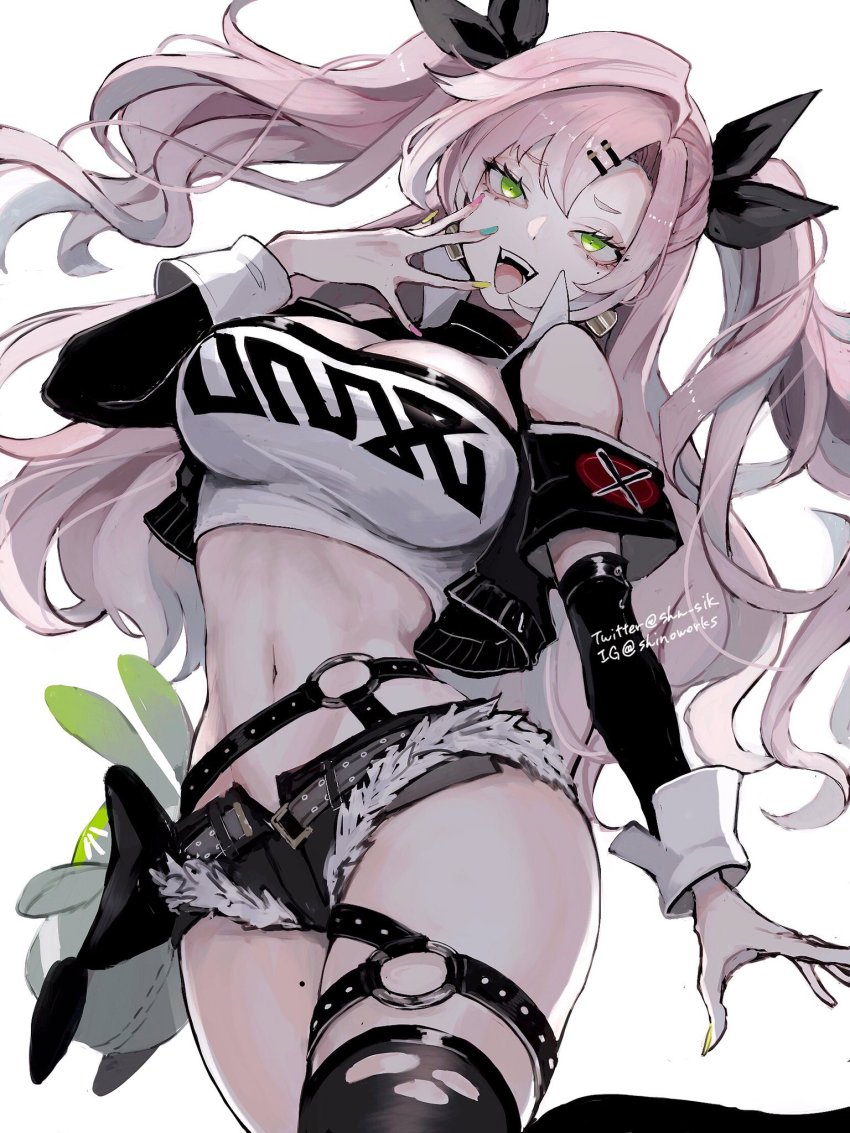 1girl, :d, belt, black_belt, black_jacket, black_ribbon, black_shorts, breasts, cleavage, commentary, cowboy_shot, cropped_jacket, cutoffs, fangs, green_eyes, hair_ornament, hair_ribbon, hairclip, hand_up, highres, jacket, large_breasts, long_hair, long_sleeves, looking_at_viewer, micro_shorts, midriff, mole, mole_under_eye, nail_polish, navel, nicole_demara, open_clothes, open_jacket, open_mouth, pink_hair, ribbon, shino_(shino-xx), shorts, simple_background, smile, solo, standing, stomach, strapless, thighs, tube_top, two_side_up, very_long_hair, white_background, zenless_zone_zero