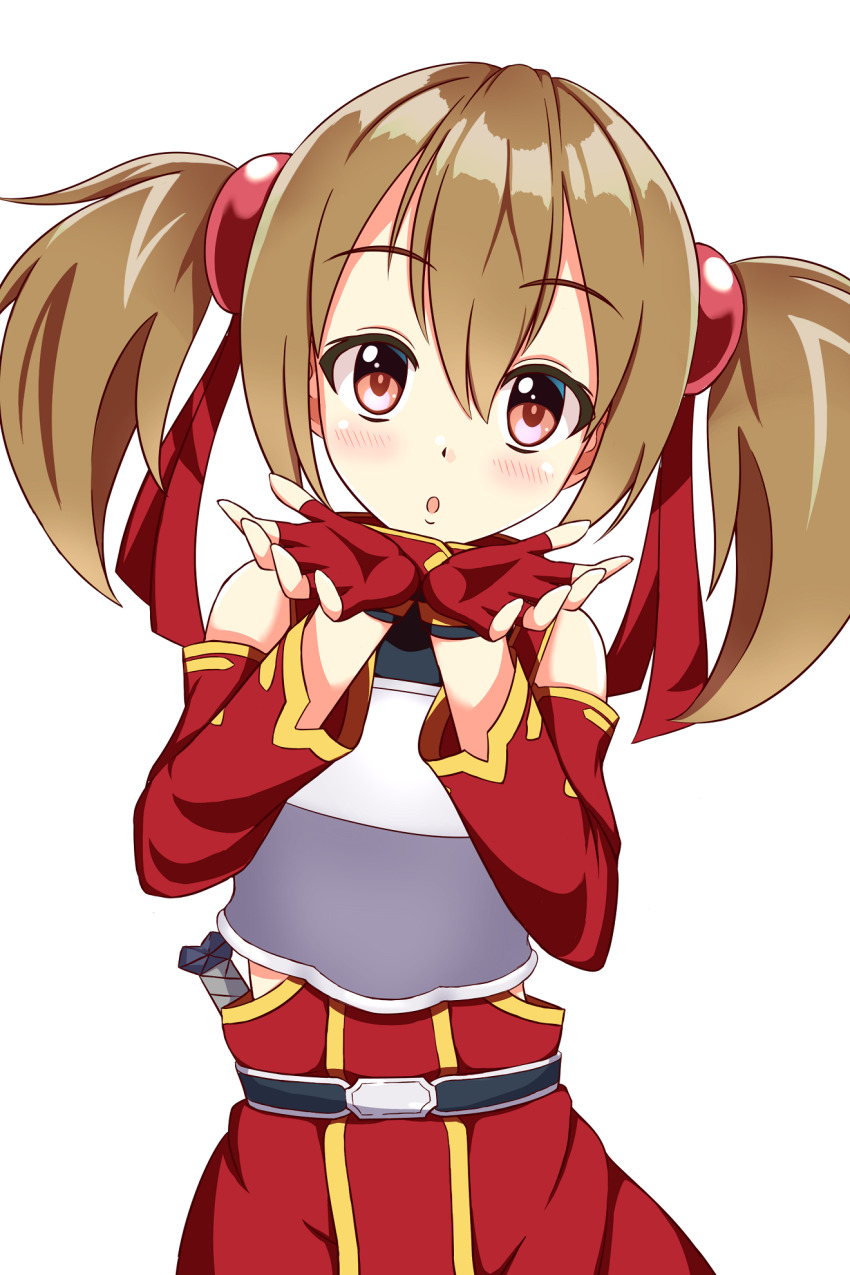 1girl, :o, belt, brown_hair, fingerless_gloves, gloves, hair_between_eyes, hair_ribbon, highres, looking_at_viewer, open_mouth, red_eyes, red_ribbon, ribbon, short_hair, short_twintails, silica, solo, sword_art_online, twintails, white_background, wistar1as