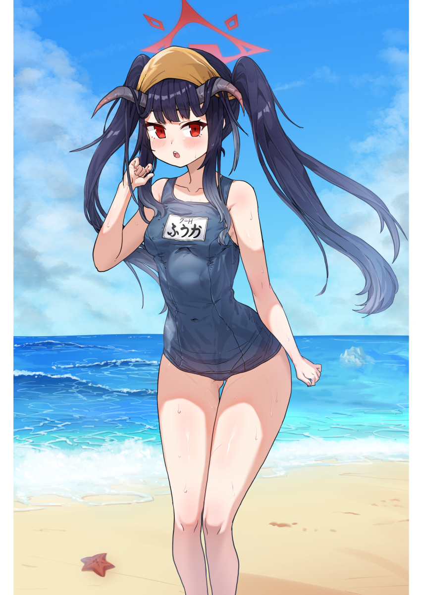 1girl, absurdres, beach, black_hair, blue_archive, blush, breasts, collarbone