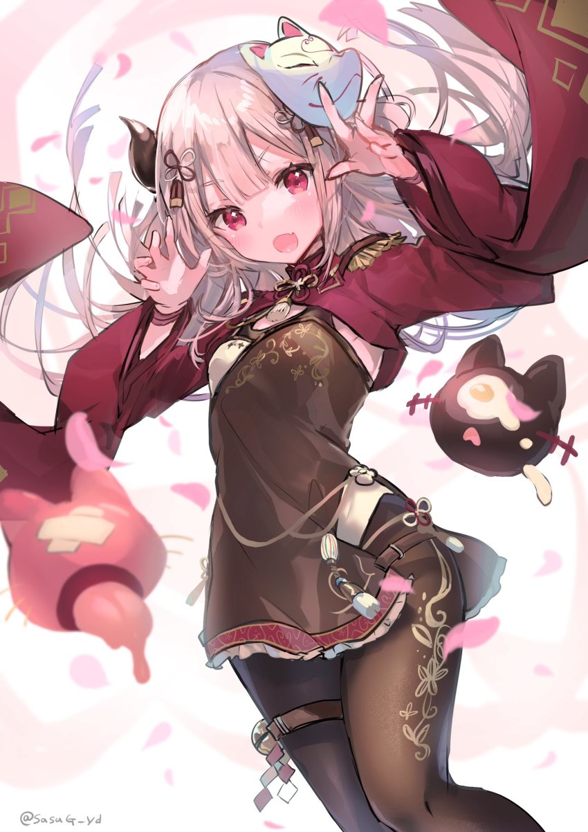 1girl, black_dress, breasts, brown_pantyhose, cherry_blossoms, claw_pose, dress, epaulettes