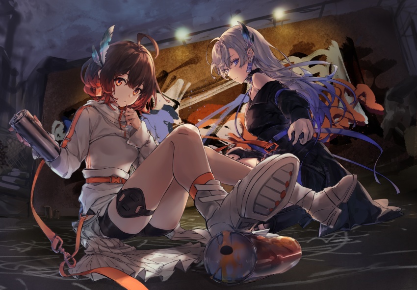 2girls, absurdres, ahoge, billboard, black_dress, black_shorts, blue_eyes, boots