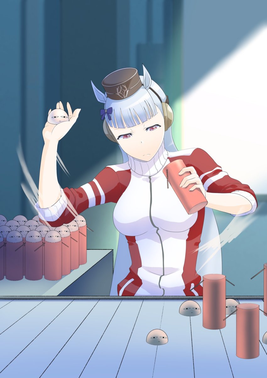 1girl, animal_ears, blunt_bangs, commentary_request, conveyor_belt, gintama, gold_ship_(umamusume), grey_hair