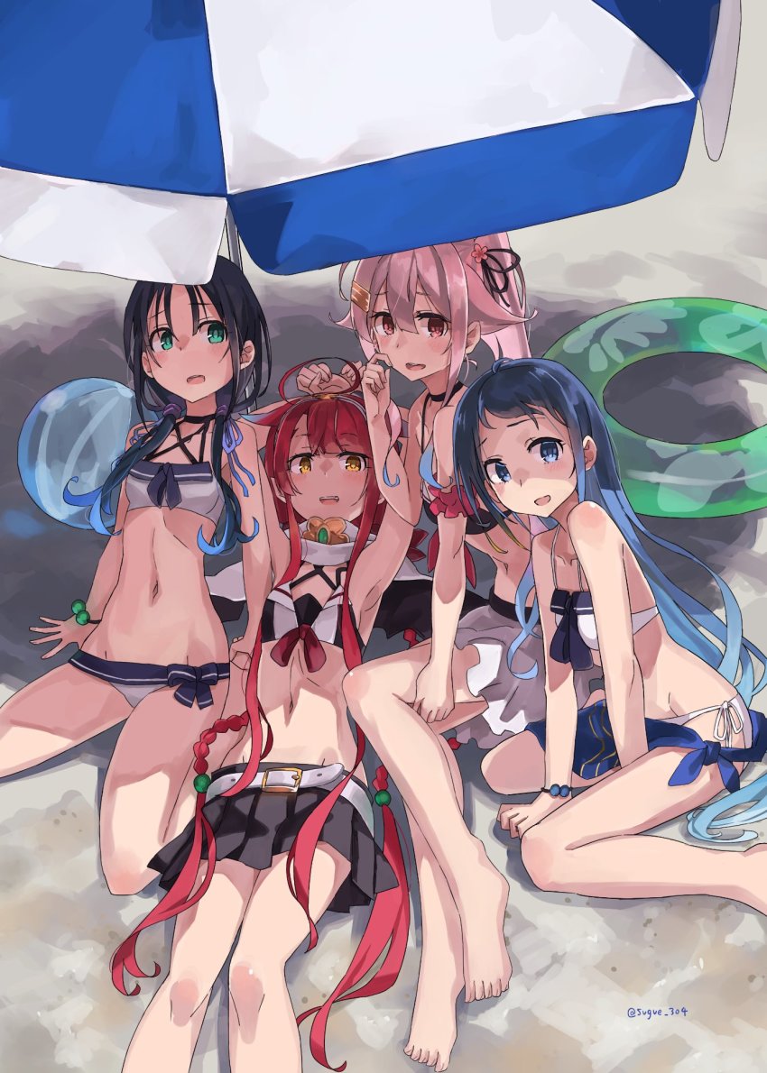 4girls, adapted_costume, alternate_costume, barefoot, bikini, bikini_skirt, black_bikini, black_ribbon