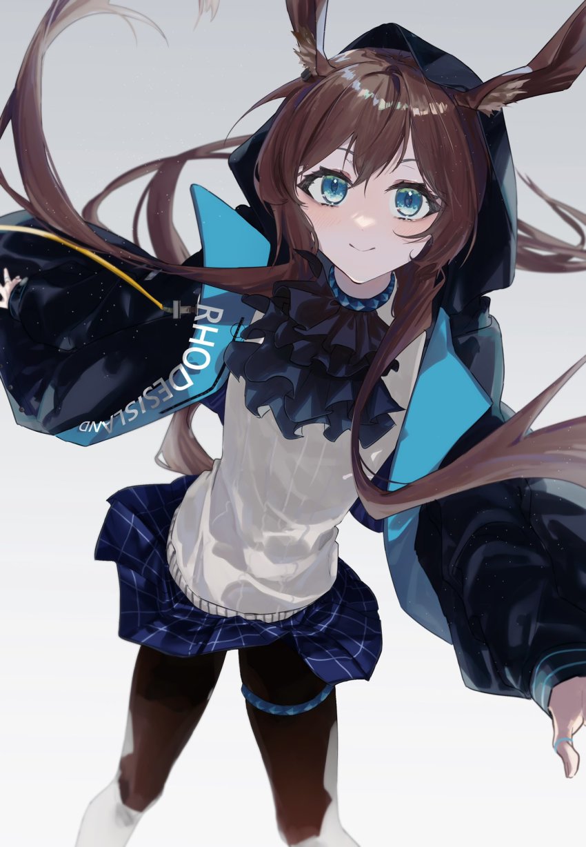 1girl, amiya_(arknights), animal_ears, arknights, ascot, black_pantyhose, blue_ascot, blue_collar