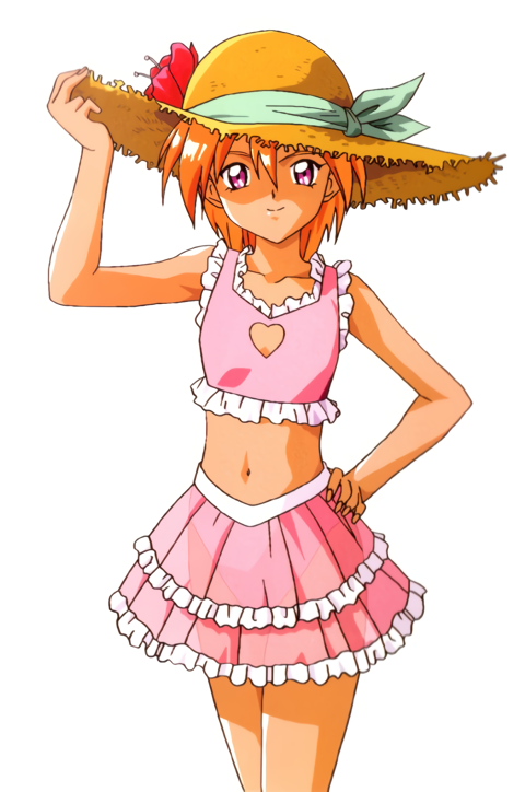 1990s_(style), 1girl, arm_up, bikini, clothing_cutout, cowboy_shot, flower, hand_on_own_hip