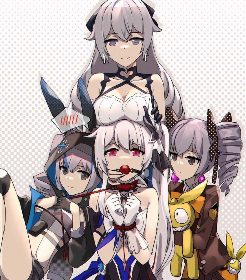 4girls, absurdres, age_difference, ball_gag, bdsm, black_gloves, black_jacket, black_shorts, bondage, bound, bow, bowtie, breasts, bronya_zaychik, bronya_zaychik_(haxxor_bunny), bronya_zaychik_(silverwing:_n-ex), bronya_zaychik_(wolf's_dawn), brown_jacket, brown_shorts, kodomo_doushi, cleavage, closed_mouth, collar, doll, dress, drill_hair, earrings, female_focus, femdom, gag, gloves, grey_hair, grey_shirt, hair_bow, highres, holding, holding_doll, homu_(honkai_impact), honkai_(series), honkai_impact_3rd, jacket, jewelry, leash, loli, lolidom, long_hair, long_sleeves, multiple_girls, multiple_persona, onee-loli, orange_bow, orange_bowtie, polka_dot, polka_dot_background, red_eyes, restrained, shirt, shorts, side_ponytail, slave, sleeveless, sleeveless_dress, smile, theresa_apocalypse, theresa_apocalypse_(twilight_paladin), twin_drills, white_dress, white_gloves, white_hair, wiffle_gag, yiduan_zhu, yuri