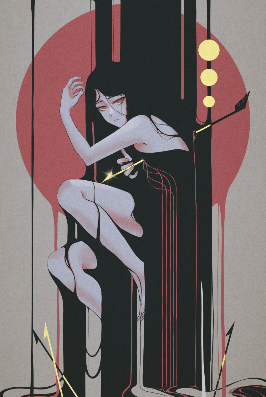 1girl, absurdres, arm_up, arrow_(projectile), black_dress, black_hair, bleeding, blood, circle, dhjs_0010, dress, dripping, expressionless, full_body, hair_between_eyes, highres, impaled, long_hair, looking_at_viewer, muted_color, original, red_eyes, sleeveless, solo