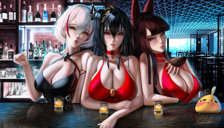 3girls, absurdres, ahoge, akagi_(azur_lane), akagi_(ruby-laced_beauty)_(azur_lane), alcohol, animal_ears, azur_lane, bar_(place), bare_shoulders, black_hair, blonde_hair, bottle, breasts, brown_eyes, charlielena, choker, cleavage, cocktail_dress, collarbone, cup, dress, drinking_glass, fox_ears, highres, large_breasts, looking_at_viewer, manjuu_(azur_lane), multicolored_hair, multiple_girls, official_alternate_costume, red_choker, red_dress, red_eyes, red_hair, roon_(azur_lane), roon_(dark_red_grin)_(azur_lane), short_hair, streaked_hair, taihou_(azur_lane), taihou_(forbidden_fruit)_(azur_lane)