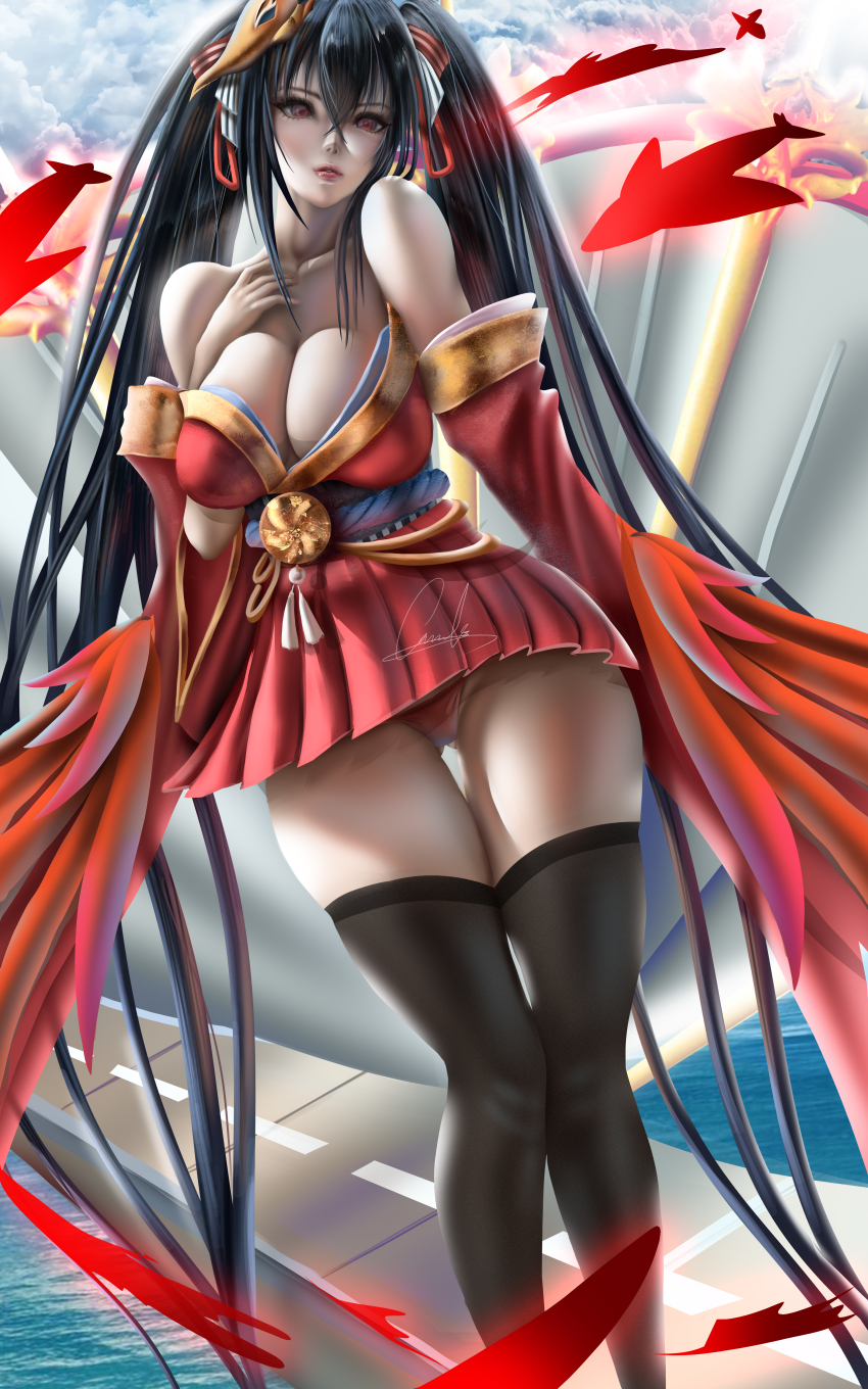 1girl, absurdres, aircraft, airplane, azur_lane, black_hair, breasts, charlielena, cleavage, cloud, collarbone, crossed_bangs, female_focus, flight_deck, hair_ornament, hand_fan, highres, japanese_clothes, kimono, large_breasts, long_hair, looking_at_viewer, ocean, outdoors, panti, red_kimono, solo, taihou_(azur_lane), thighhighs, twintails