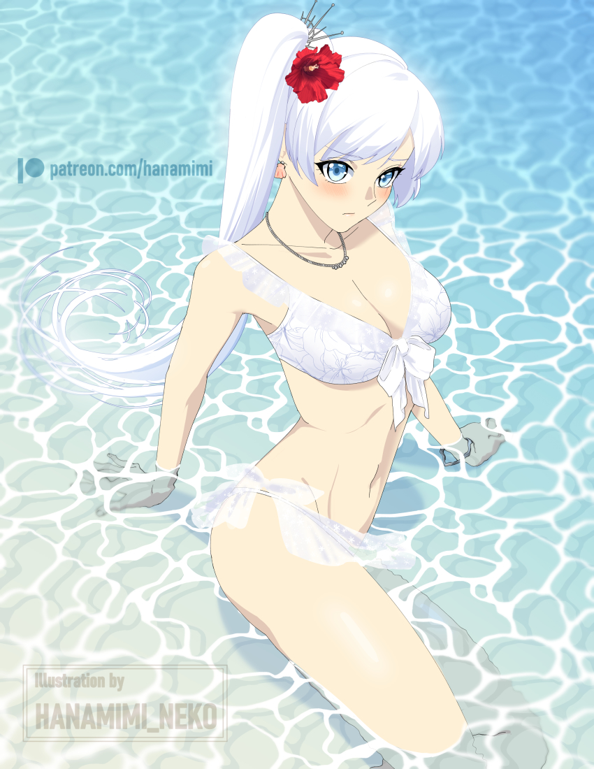 1girl, absurdres, arm_support, artist_name, bikini, blue_eyes, blush, bracelet, breasts, cleavage, closed_mouth, flower, from_above, furrowed_brow, hair_flower, hair_ornament, hibiscus, highres, jewelry, legs, long_hair, lying, medium_breasts, naomi_gumbs_(hanamimi), navel, necklace, on_side, partially_submerged, patreon_logo, patreon_username, red_flower, rwby, scar, scar_across_eye, scar_on_face, side_ponytail, solo, stomach, swept_bangs, swimsuit, thighs, tiara, water, watermark, web_address, weiss_schnee, white_bikini