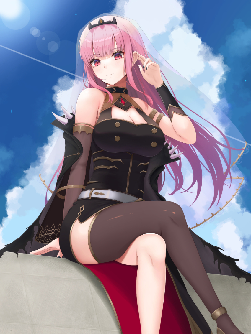 1girl, armlet, asymmetrical_sleeves, bare_shoulders, black_cape, black_dress, black_nails, blue_sky