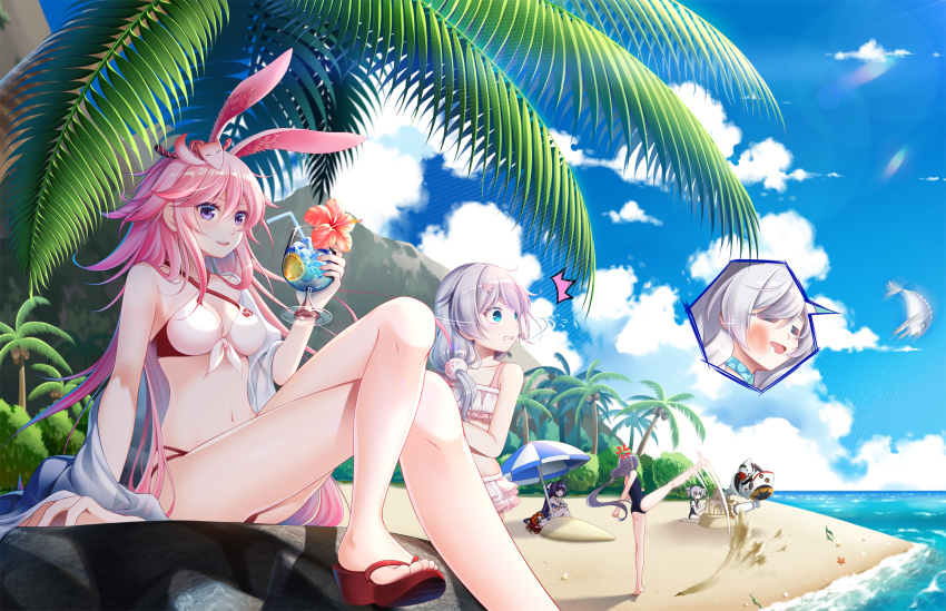 6+girls, :d, animal_ears, barefoot, beach, beach_umbrella, bikini, black_eyes