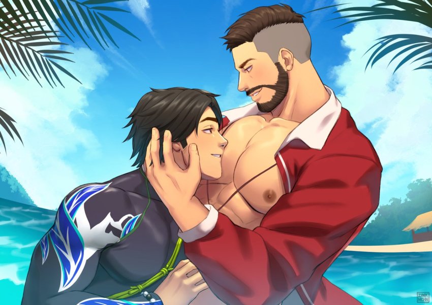 2boys, bara, bare_pectorals, beard, black_bodysuit, black_hair, bodysuit, cloud