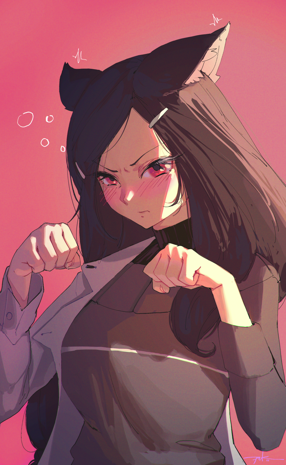 1girl, animal_ear_fluff, animal_ears, betty_(va-11_hall-a), black_hair, blush, cat_ears, coat