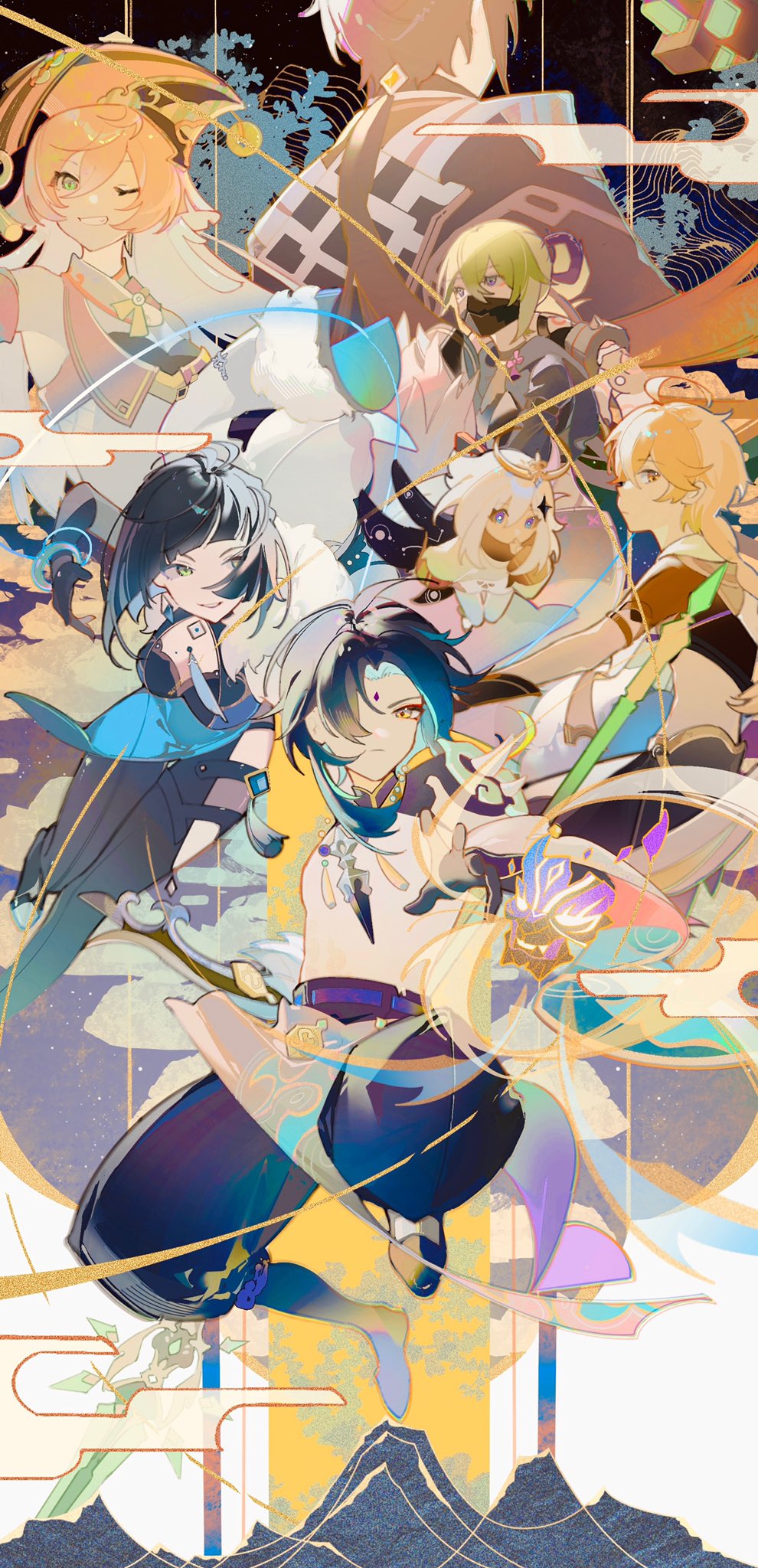 3boys, 3girls, abstract_background, aether_(genshin_impact), ahoge, antenna_hair, antlers, aqua_eyes, aqua_hair, arm_guards, armor, asymmetrical_clothes, asymmetrical_hair, bare_shoulders, black_cape, black_coat, black_gloves, black_hair, black_leggings, black_pants, blonde_hair, bow, breasts, bright_pupils, cape, cleavage, cleavage_cutout, clothing_cutout, cloud, coat, crop_top, crossed_bangs, diamond_(shape), dress, elbow_gloves, eyeshadow, eyeshadow_under_eye, facial_mark, facing_away, floating, forehead_mark, from_behind, from_side, fur_trim, genshin_impact, gloves, gold_trim, green_eyes, green_hair, hair_between_eyes, hair_bow, hair_intakes, hair_over_one_eye, halo, hat_ornament, hat_tassel, highres, holding, holding_polearm, holding_weapon, hollning, horns, jumping, kuki_shinobu, leggings, long_sleeves, looking_at_viewer, low_ponytail, makeup, mask, mechanical_halo, medium_breasts, medium_hair, midriff, mole, mole_on_breast, mountain, mouth_mask, multicolored_eyes, multiple_boys, multiple_girls, ninja_mask, one_eye_closed, one_eye_covered, paimon_(genshin_impact), pants, parted_bangs, parted_lips, pelvic_curtain, pink_hair, polearm, ponytail, primordial_jade_winged-spear_(genshin_impact), purple_dress, purple_eyes, red_eyeshadow, red_headwear, serious, shirt, short_hair_with_long_locks, short_sleeves, shoulder_armor, shoulder_pads, shoulder_spikes, sidelocks, single_thighhigh, small_breasts, smile, spikes, tassel, teeth, thighhighs, toned, toned_male, turning_head, weapon, white_hair, white_legwear, white_pupils, white_shirt, xiao_(genshin_impact), yanfei_(genshin_impact), yelan_(genshin_impact), yellow_eyes, zhongli_(genshin_impact)