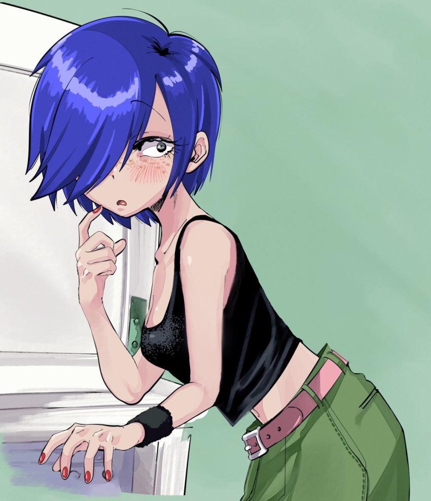 1girl, belt, ed_edd_n_eddy, eyebrows, female_focus, finger_to_cheek, freckles, green_pants