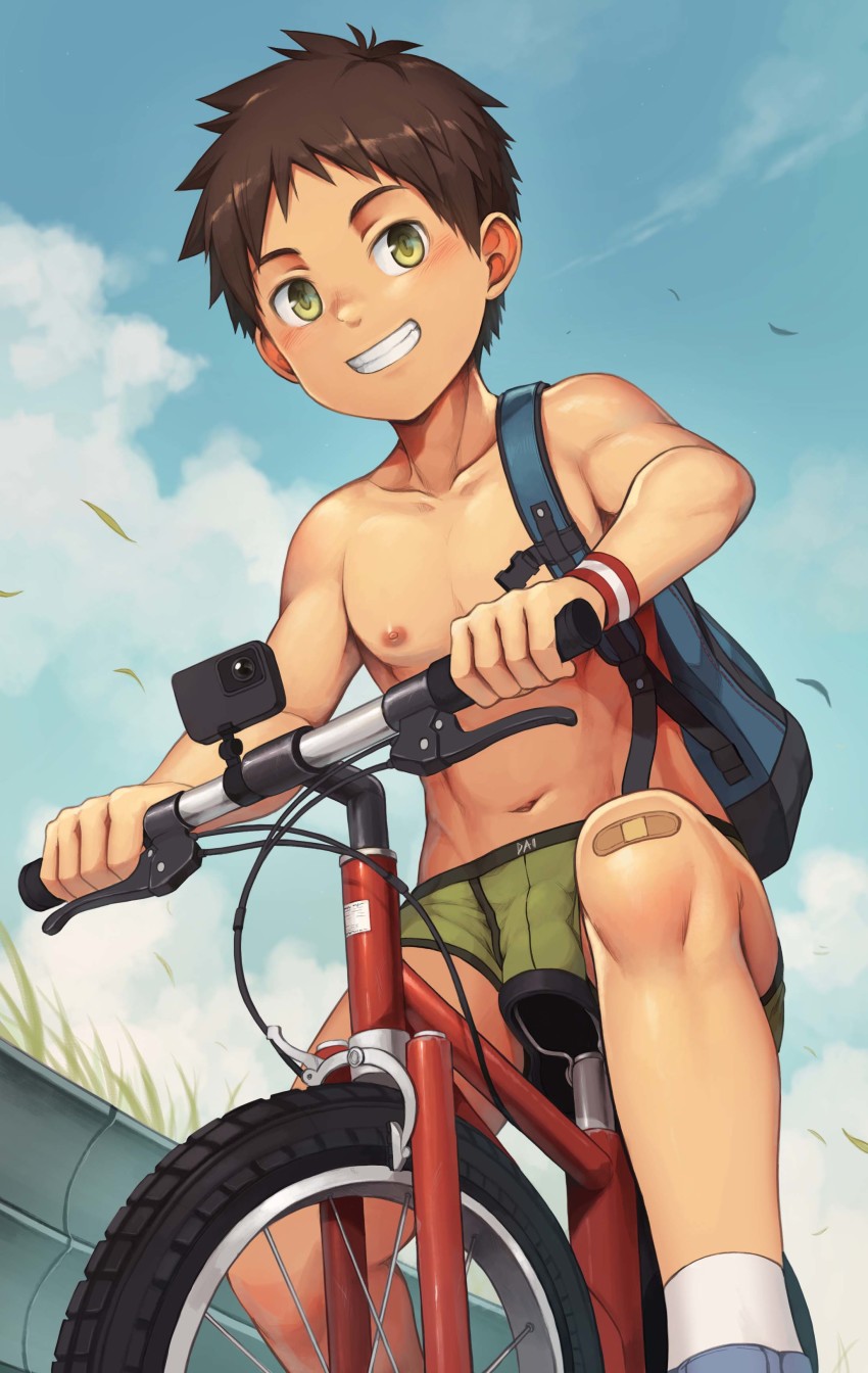 1boy, absurdres, ankle_socks, bag, bandaid, bicycle, blue_footwear, boxer_briefs